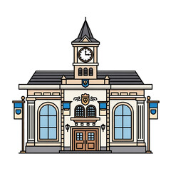 A detailed winter town hall building decorated with snow.