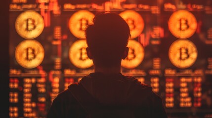 Digital business insights  an individual analyzes cryptocurrency data and bitcoin symbols on screen