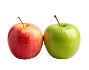 Two crisp apples, one red and one green, sit side by side against a stark black background