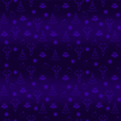 Seamless pattern with Christmas symbols: a tree, reindeer, balls, snowflakes, and bells isolated on a blue and purple background.