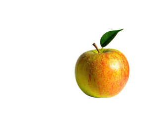 A ripe, colorful fruit with a green leaf against a black background
