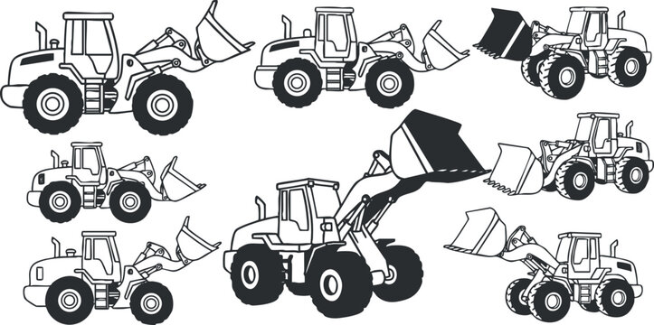 Black and white vector icon set of construction loaders and excavators for engineering and design projects