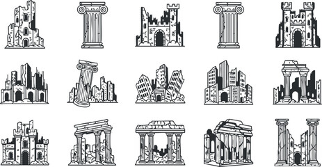 Vector icon set featuring various historical ruins and architectural elements in a minimalist black and white style for design projects.