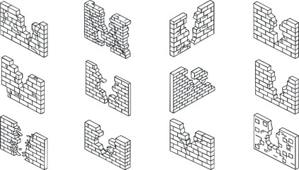 Geometric vector illustration of brick wall designs in various styles, suitable for architectural and creative projects