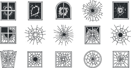 Geometric vector icon set of decorative window designs featuring spiderweb patterns in black and white style for architectural projects.