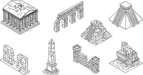 Obraz premium Isometric vector illustration set of ancient architectural structures including temples, pyramids, and monuments for educational and design purposes
