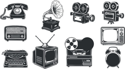 Vintage retro vector illustration collection of classic communication and entertainment devices for design projects