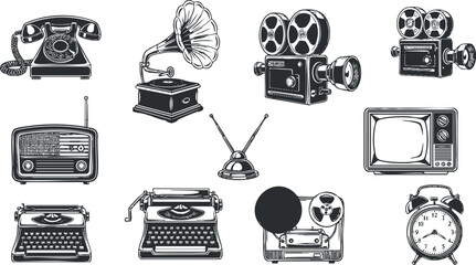 Vintage vector illustration collection of retro technology icons including typewriters, telephones, radios, and televisions for design projects.