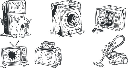 Whimsical vector illustration of broken household appliances including a refrigerator, washing machine, toaster, television, and vacuum cleaner for home repair themes