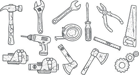 Hand-drawn vector illustration of various tools including hammer, wrench, screwdriver, and saw for DIY and construction projects
