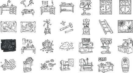 Hand-drawn vector illustration set of various workshop tools and equipment for construction and repair projects