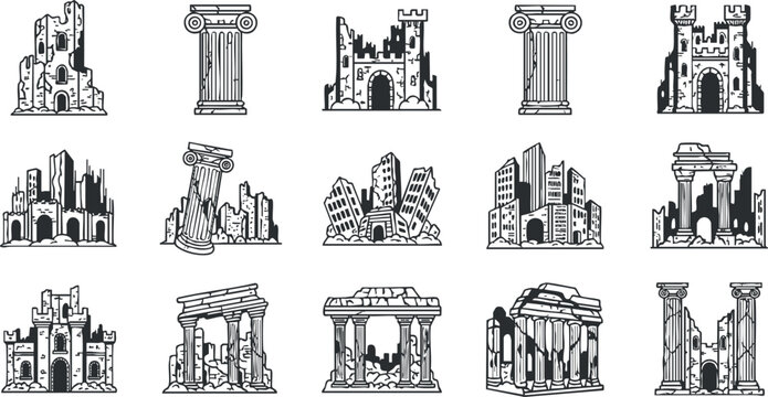 Vector icon set featuring various historical ruins and architectural elements in a minimalist black and white style for design projects.