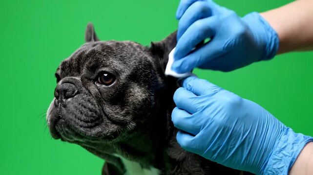 Veterinarian Cleaning French Bulldog Ears with Cotton Pad on Green Screen - Pet Health Hygiene Care
