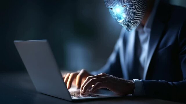 Deepfake detection AI technology security faceless businessman using laptop with digital facial recognition interface cybersecurity biometric verification identity - Powered by Adobe