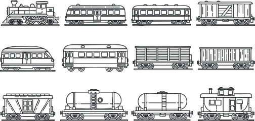 Vintage black and white vector illustration of various train types including locomotives and carriages for transportation themes