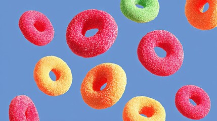Bunch of colorful doughnuts are flying through the air. The doughnuts are in various colors, including red, yellow, and green. The scene has a playful and fun atmosphere