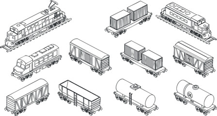 Outline vector illustration of various trains and cargo cars for transportation and logistics design projects