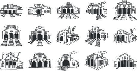 Collection of black and white vector illustrations of industrial buildings and factories for urban and architectural design.