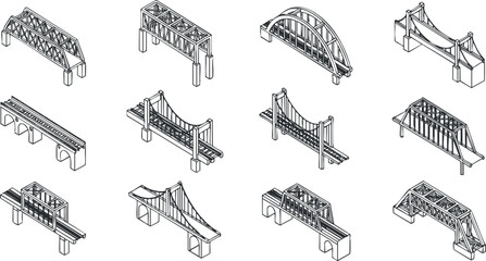 Collection of geometric outline vector illustrations showcasing various bridge designs for architecture and engineering projects