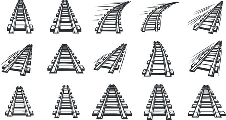 Collection of minimalist black and white vector illustrations depicting various railway tracks in straight and curved designs for transportation and engineering projects
