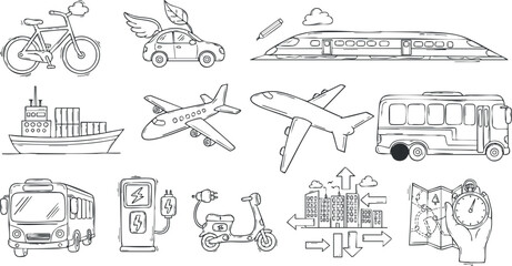 Line art vector illustration of various transportation methods including bicycle, car, train, airplane, and bus for travel and mobility design