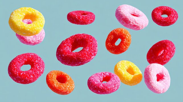 Bunch of colorful doughnuts are flying through the air. The doughnuts are in various colors, including red, yellow, and orange. The doughnuts are scattered throughout the image - Powered by Adobe