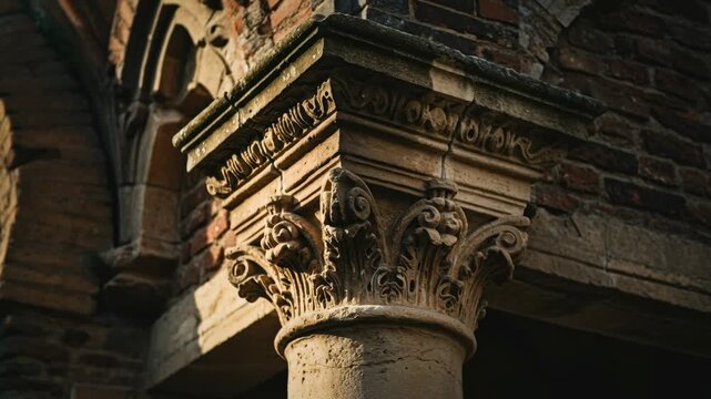 Architectural detail of a classical column capital, a close up of an ornate stone pillar and brick wall with changing shadow, historic building design footage.