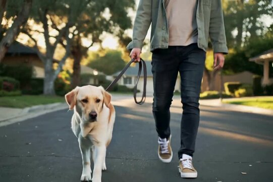 Man walking dog suburban street pet sitting walk golden Retriever animal young guy leisure stroll Labrador neighborhood care breed canine 