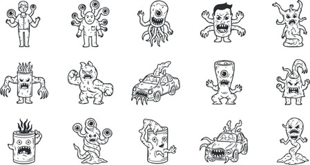 Collection of quirky monster vector illustrations in black and white, perfect for Halloween designs or playful projects.