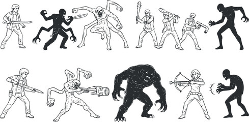Collection of horror-themed vector illustrations featuring various monsters and characters in a black and white outline style