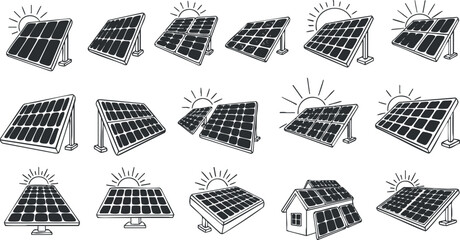 Set of minimalist black and white vector illustrations featuring various solar panels and solar energy concepts for eco-friendly projects