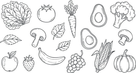 Hand-drawn vector illustration of assorted fruits and vegetables for healthy eating concepts and food-related designs