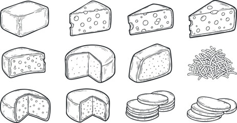 Hand-drawn outline vector illustration of various cheese types including blocks, slices, and shredded cheese for culinary design.