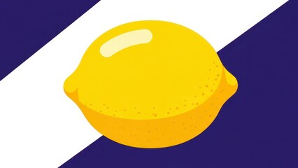 A bright yellow lemon with a glossy sheen sits against a background of bold purple and white diagonal stripes.