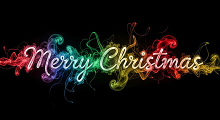 Merry christmas text with colorful smoke effect on a dark art on transparent background