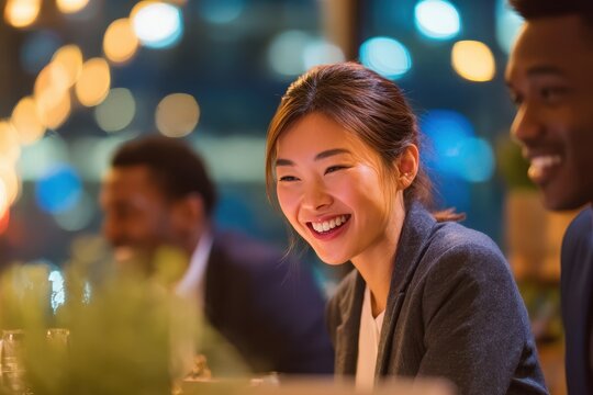 Multiracial colleagues engaged in a renewable energy discussion, senior woman softly focused, ambient lighting highlighting sustainable design elements, collaborative and forward-thinking environment