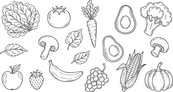 Hand-drawn vector illustration of assorted fruits and vegetables for healthy eating concepts and food-related designs