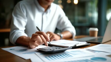 Faceless businessman analyzing financial charts reports with calculator and laptop at professional office desk accounting work investment planning corporate finance analysis - Powered by Adobe