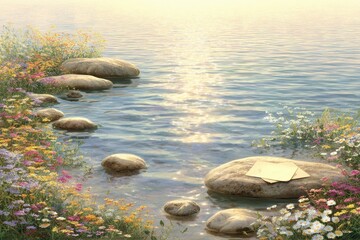 A tranquil lakeside setting during golden hour, gentle ripples on the water, a handcrafted card resting on smooth stones, surrounded by vibrant wildflowers, creating a peaceful, grateful atmosphere