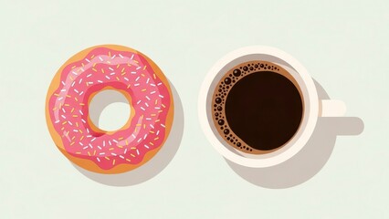 A delicious pink frosted donut with sprinkles next to a hot cup of black coffee, top view.