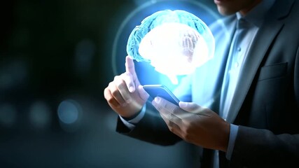 Faceless businessman holding smartphone with futuristic digital interface showing AI technology hologram artificial intelligence symbol glowing on dark defocused background - Powered by Adobe