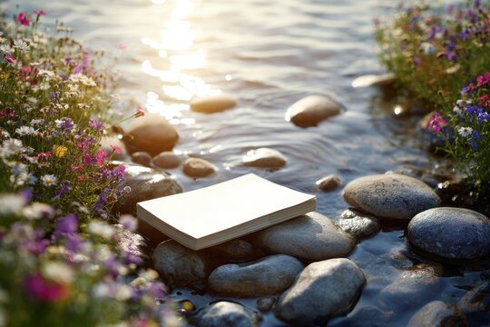 A tranquil lakeside setting during golden hour, gentle ripples on the water, a handcrafted card resting on smooth stones, surrounded by vibrant wildflowers, creating a peaceful, grateful atmosphere