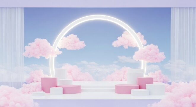Dreamy pastel stage with pink clouds and glowing circle - Powered by Adobe