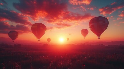Fototapeta premium Colorful hot air balloons soaring into the sunset, creating a breathtaking scene of adventure and tranquility.