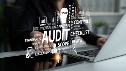 A businessman engages in the audit process with a laptop, surrounded by keywords representing compliance, analysis, and financial controls in a modern office environment. Tessel