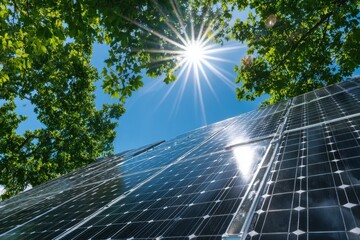 Bright sunlight reflects off sleek solar panels, surrounded by lush green trees under a clear blue sky, evoking a sense of sustainability and harmony