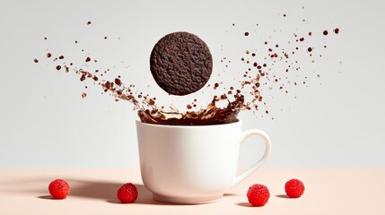 White coffee cup with a chocolate chip cookie in it and a splash of coffee. The cup is surrounded by raspberries