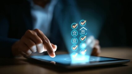 Faceless businessman using digital tablet with virtual property documents interface checklist icons verification real estate technology platform online mortgage system smart - Powered by Adobe