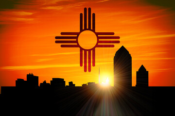 Albuquerque Skyline Sunset with New Mexico State Flag