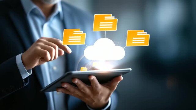 Faceless businessman using digital tablet to manage files via cloud system document management DMS interface digital data sharing platform cloud backup technology file transfer